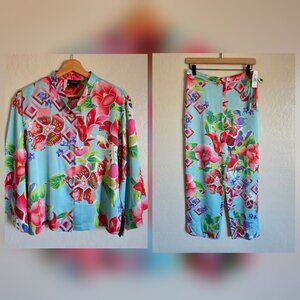 Natori Satin Star Blossom Pajama Pants Set Blue Women's S Hibiscus Tropical NEW